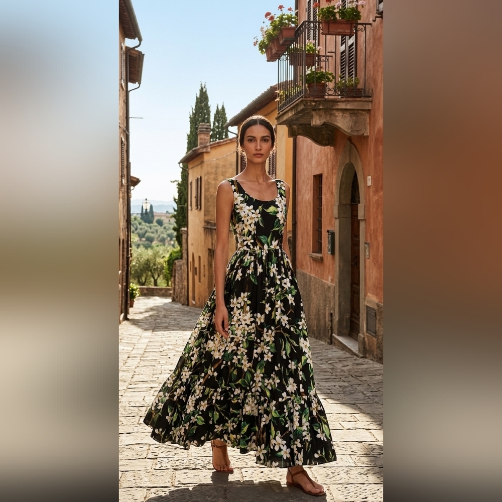 Dolce & Gabbana Black Floral Cotton Poplin Sleeveless Long Gown Dress Italy 36/M